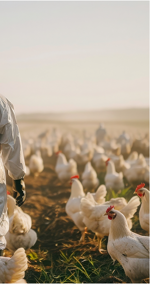 Person walking through field with chickens