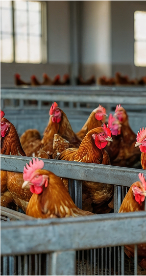 Brown hens in shelters